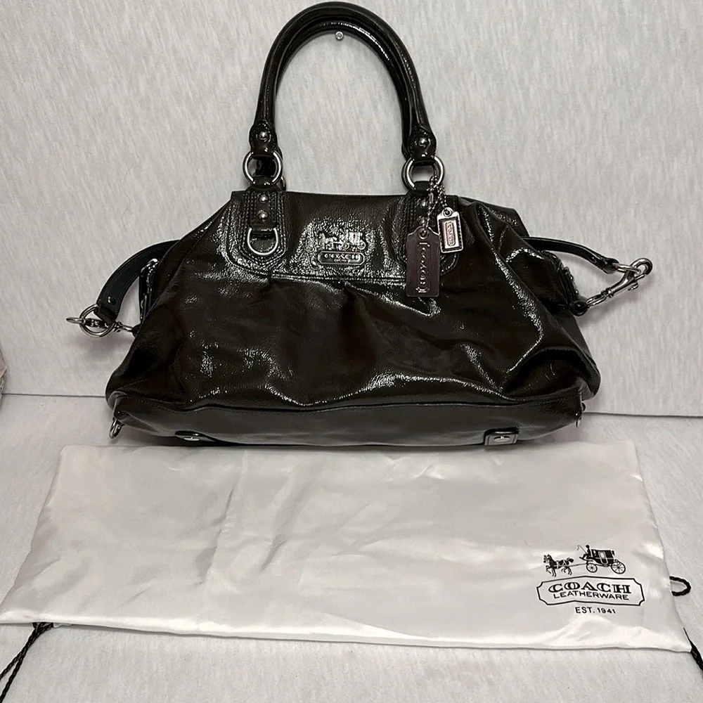 Coach Madison Sabrina Satchel Olive Green/Gray Authentic Patent Leather Purse